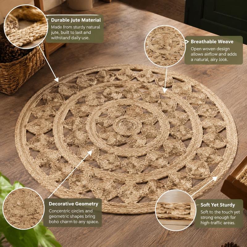 Tapis rond en jute tressé de 180 cm, mandala ajouré main