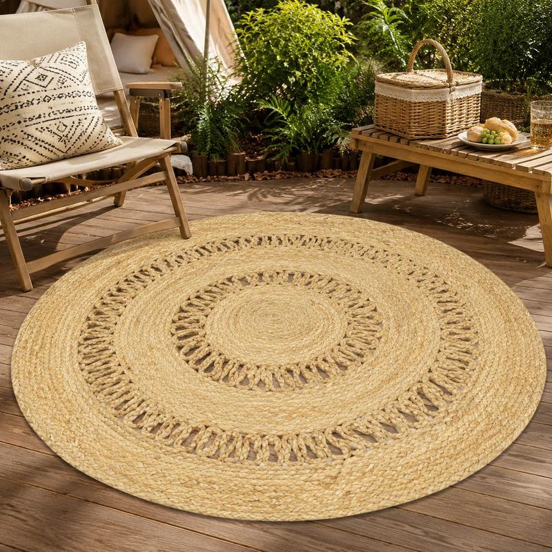 Tapis rond en jute 90 cm à bandes ajourées, style bohème