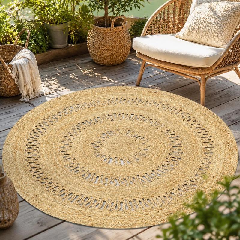 Tapis rond en jute 90 cm à bandes ajourées, style bohème