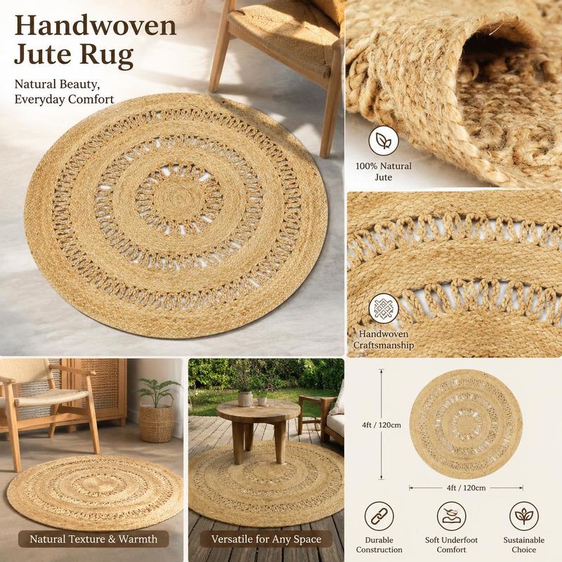 Tapis rond en jute 90 cm à bandes ajourées, style bohème