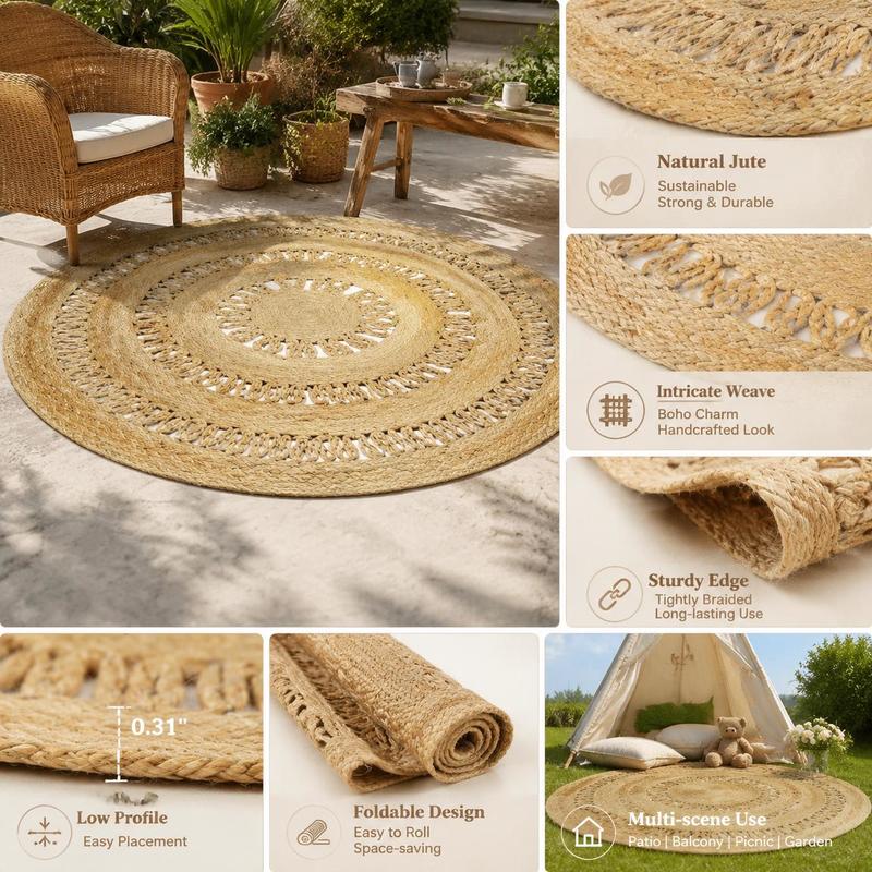 Tapis rond en jute 90 cm à bandes ajourées, style bohème