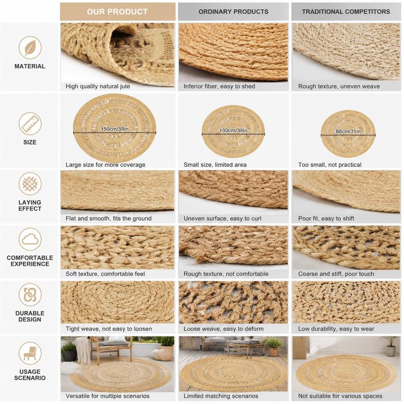 Tapis rond en jute 90 cm à bandes ajourées, style bohème