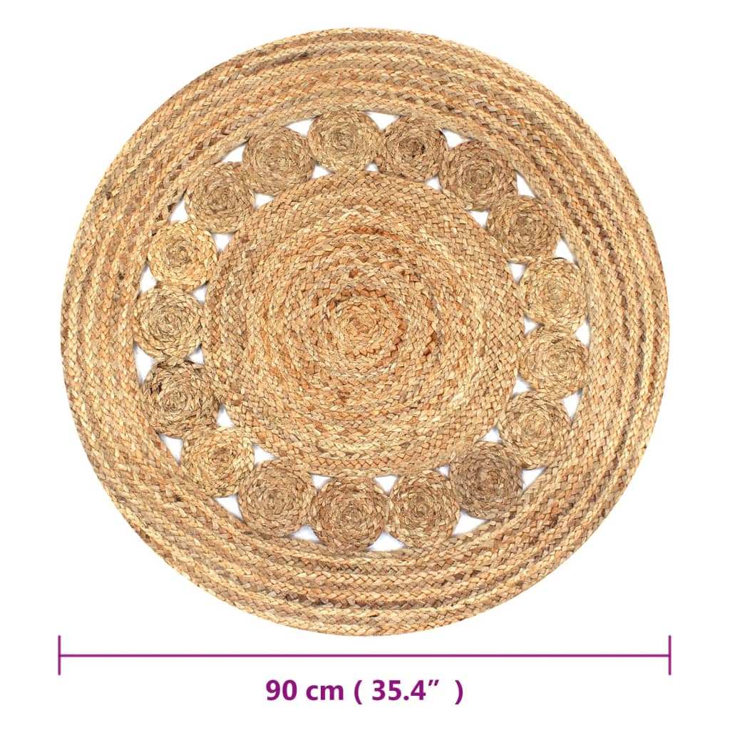 Tapis rond en jute naturel 90 cm, couronne de rosaces tressées