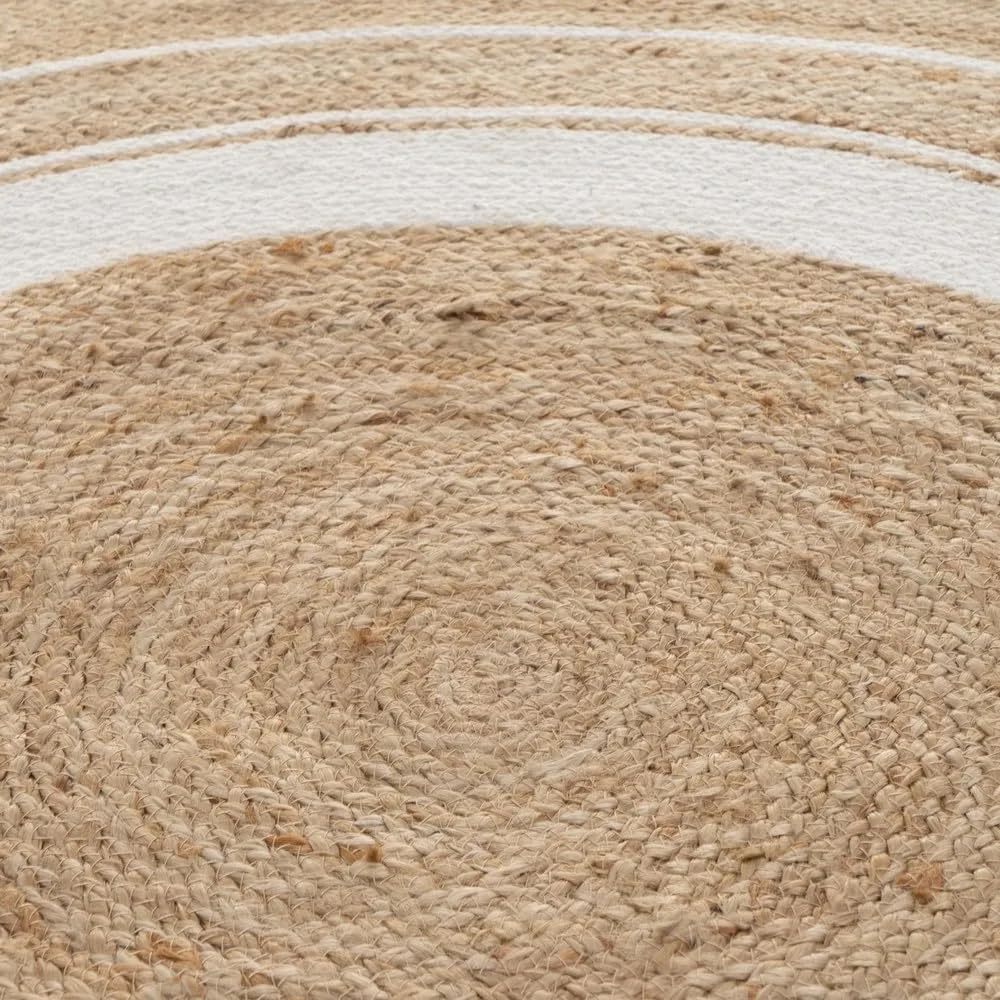 Tapis rond en jute de 120 cm, deux anneaux de coton écru