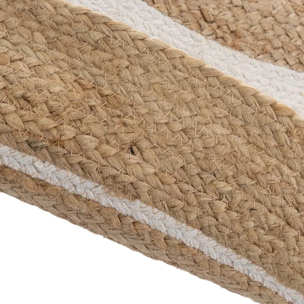 Tapis rond en jute de 120 cm, deux anneaux de coton écru