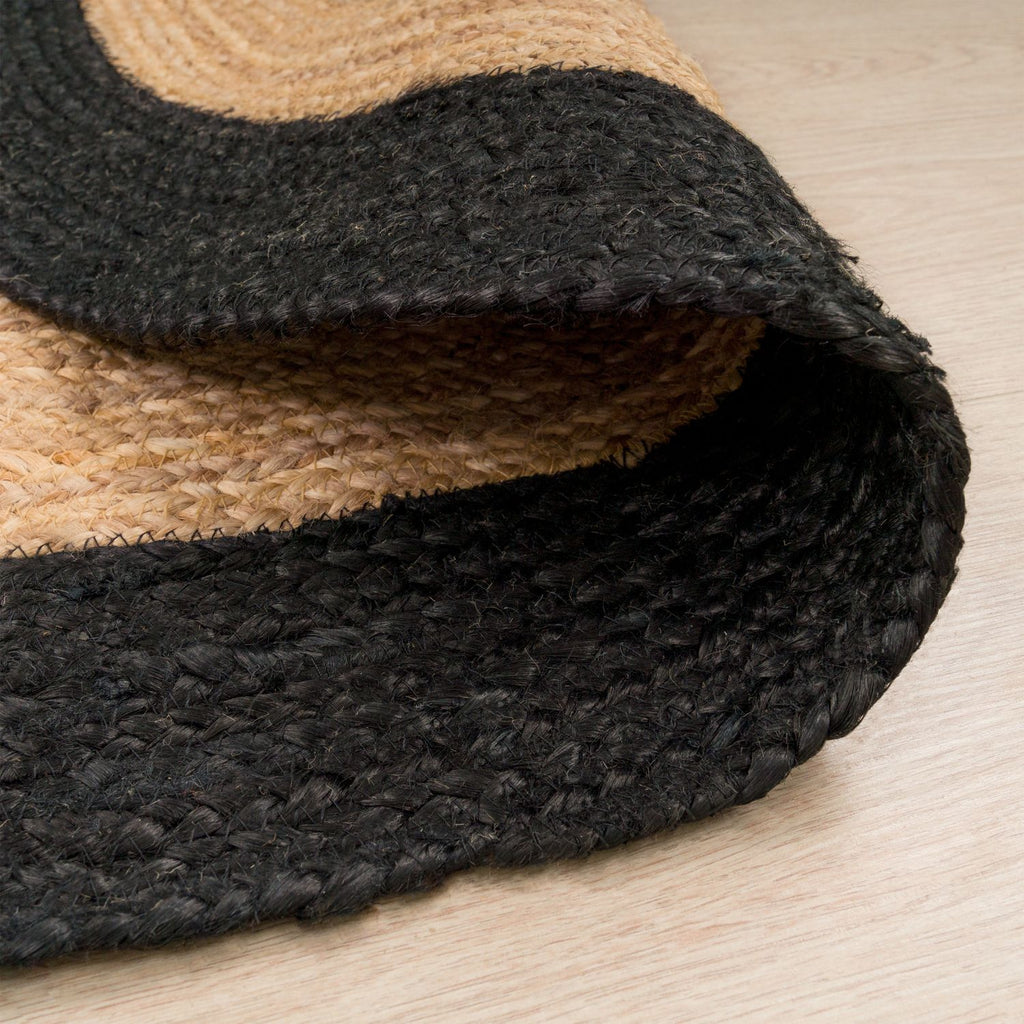 Tapis rond en jute tressé main, bordure noire ou ivoire