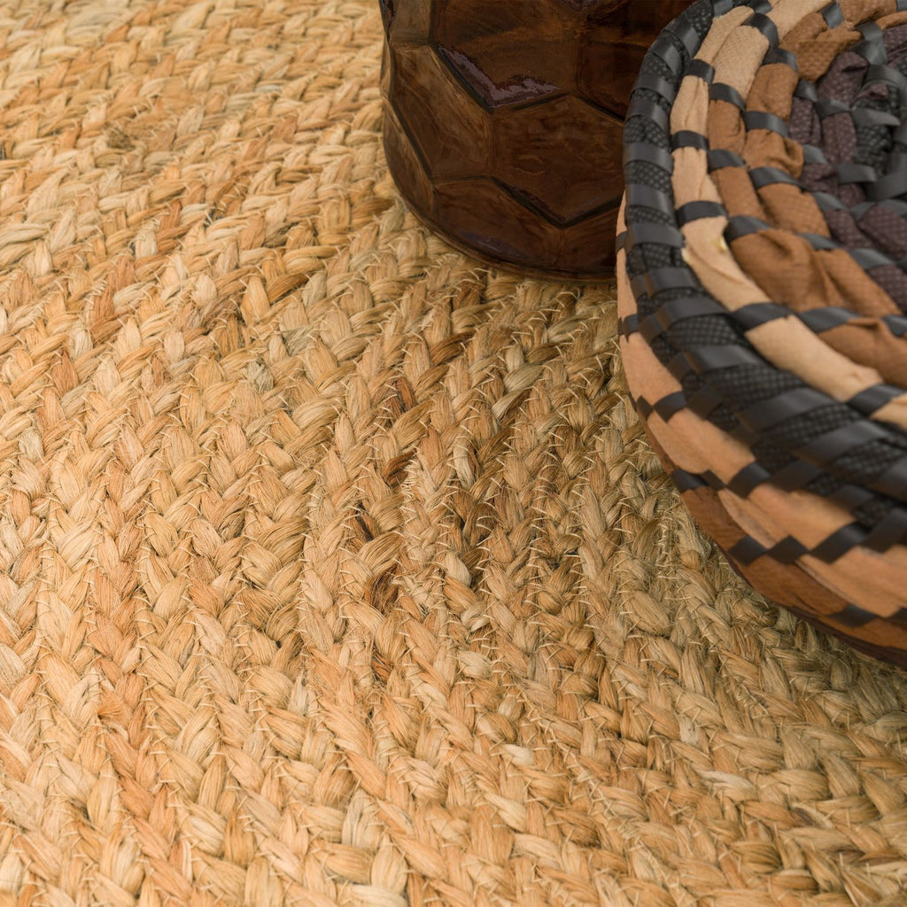 Tapis rond en jute tressé main, bordure noire ou ivoire