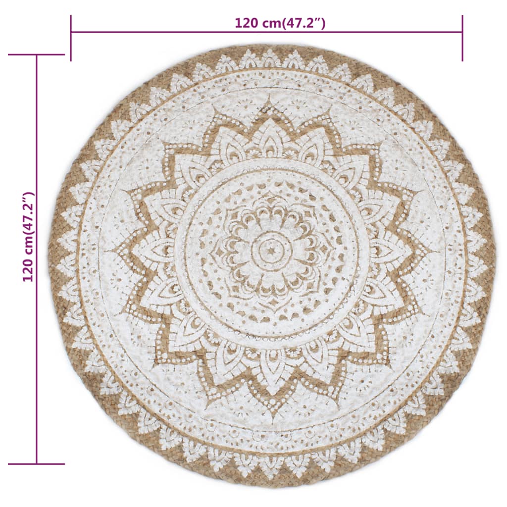 Tapis rond en jute tressé, mandala blanchi, cinq diamètres