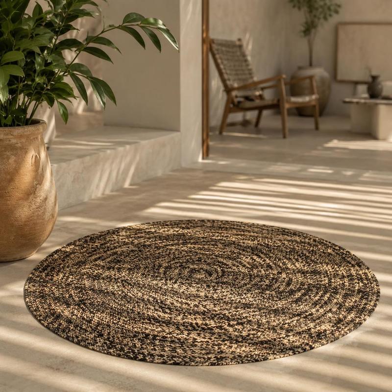 Tapis rond en jute tressé noir et naturel, bordure claire