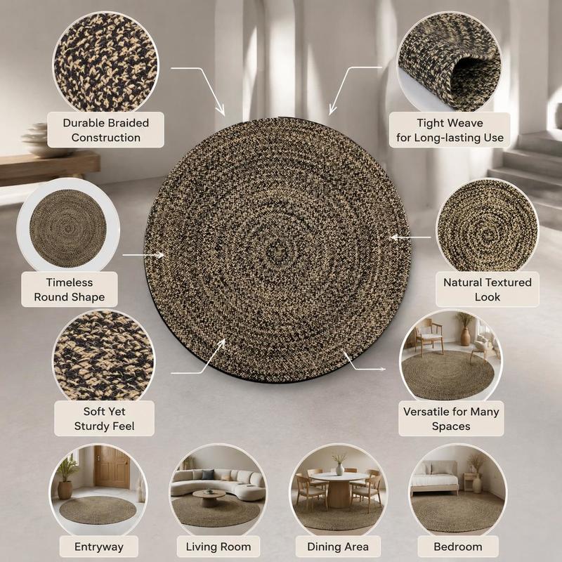 Tapis rond en jute tressé noir et naturel, bordure claire