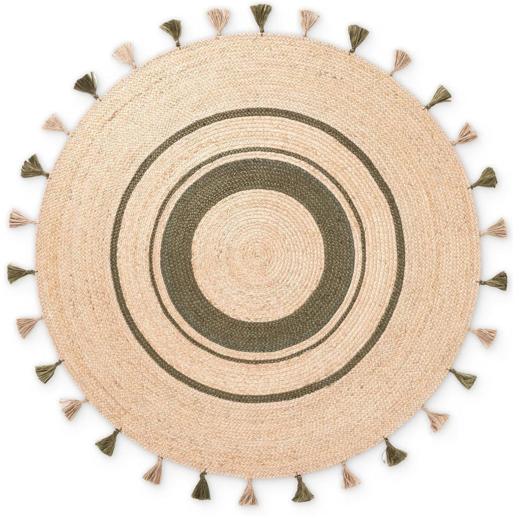 Tapis rond en jute 150 cm, cible verte et pompons tressés