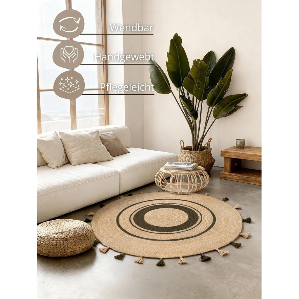 Tapis rond en jute 150 cm, cible verte et pompons tressés