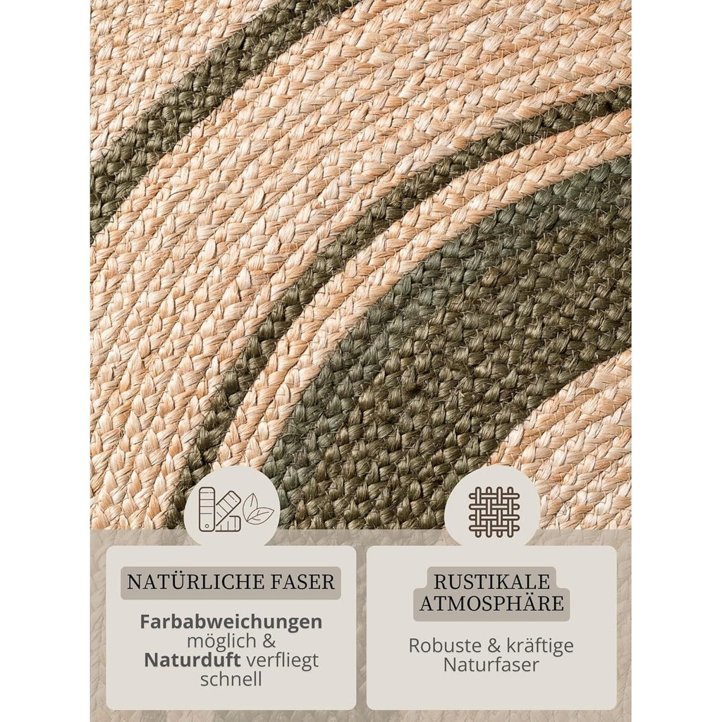 Tapis rond en jute 150 cm, cible verte et pompons tressés