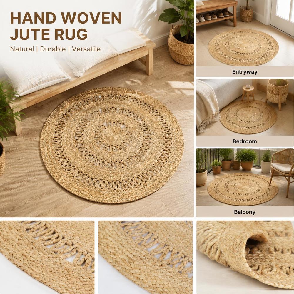 Tapis rond en jute tressé à la main, motif ajouré bohème
