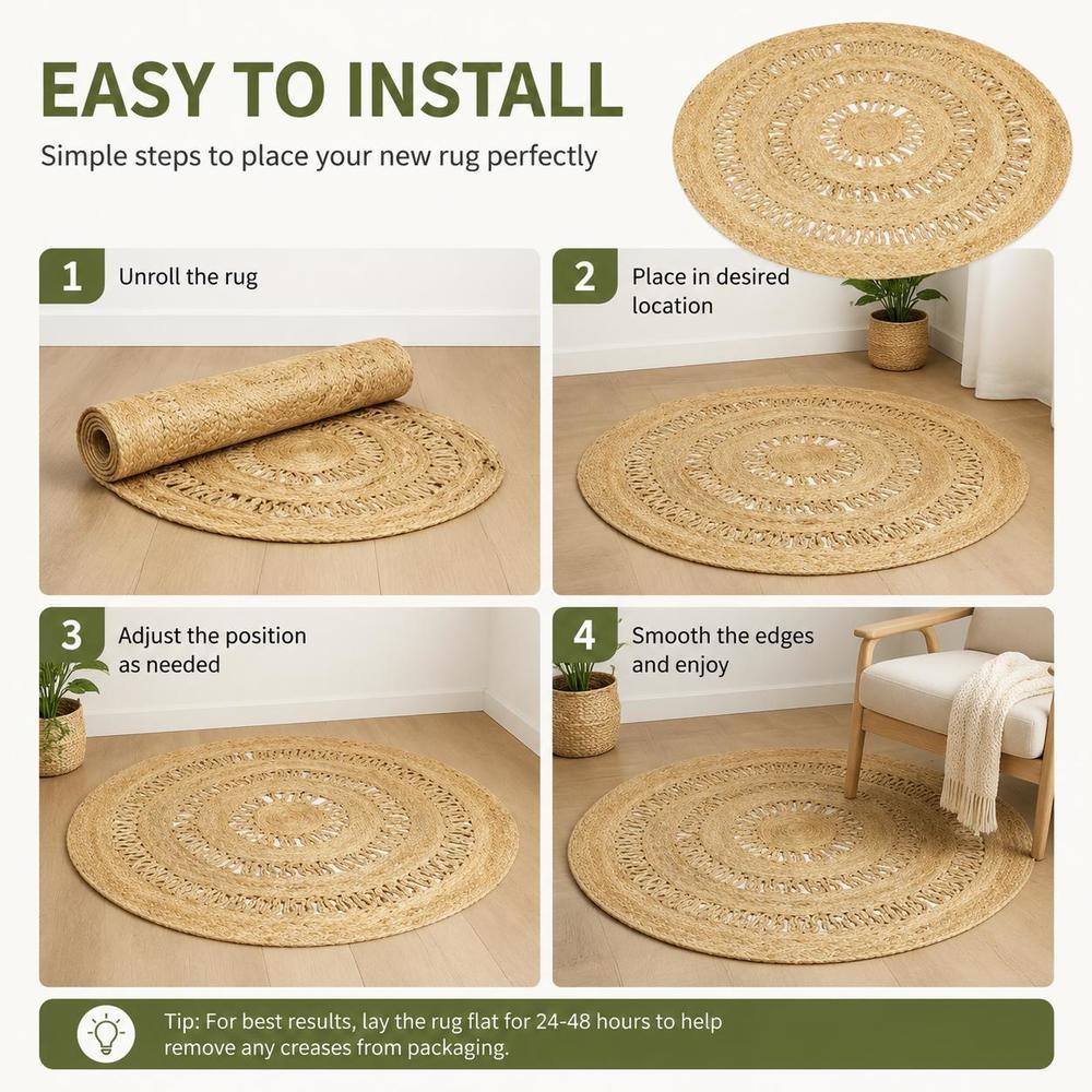 Tapis rond en jute tressé à la main, motif ajouré bohème