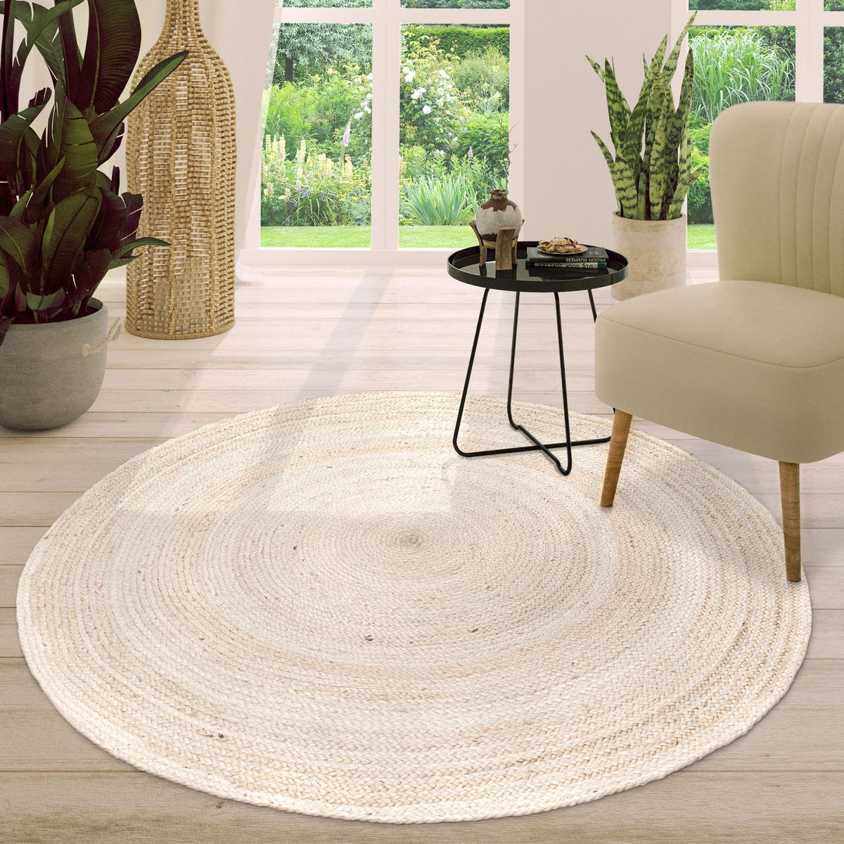 Tapis rond en jute tressé, quatre coloris et cinq tailles