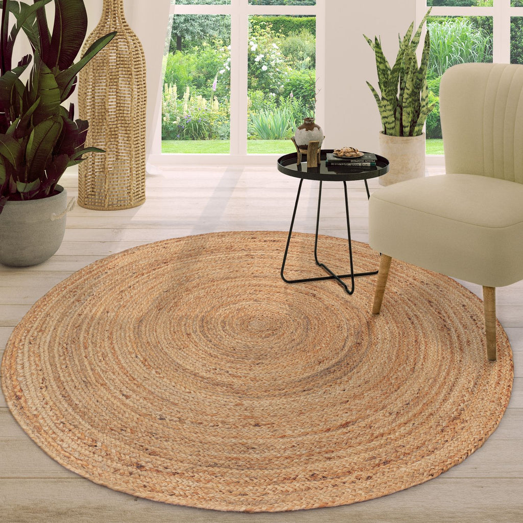 Tapis rond en jute tressé, quatre coloris et cinq tailles