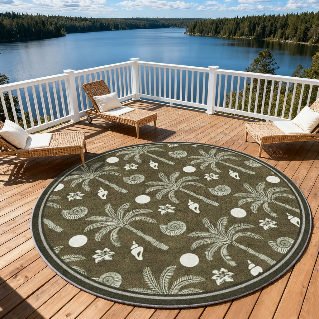 Tapis rond kaki à palmiers et coquillages crème imprimés