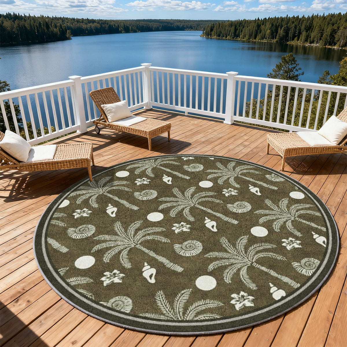 Tapis rond kaki à palmiers et coquillages crème imprimés