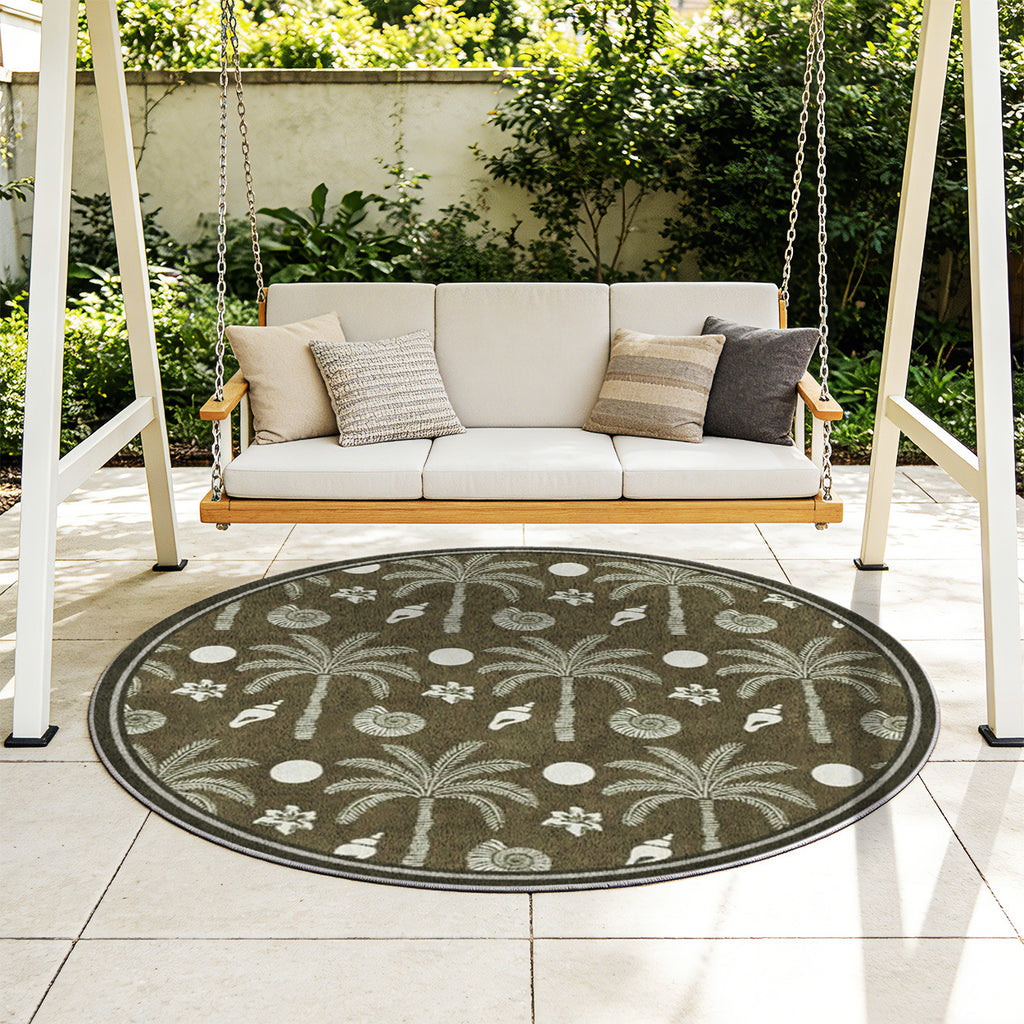 Tapis rond kaki à palmiers et coquillages crème imprimés