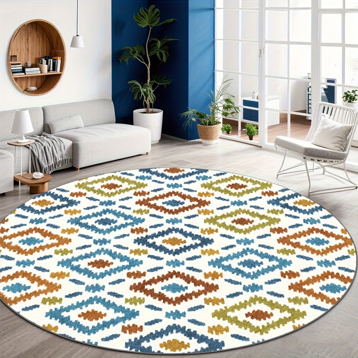 Tapis rond kilim imprimé blanc et bleu canard, Ø 80 à 200 cm