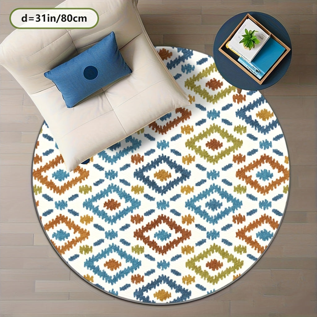 Tapis rond kilim imprimé blanc et bleu canard, Ø 80 à 200 cm
