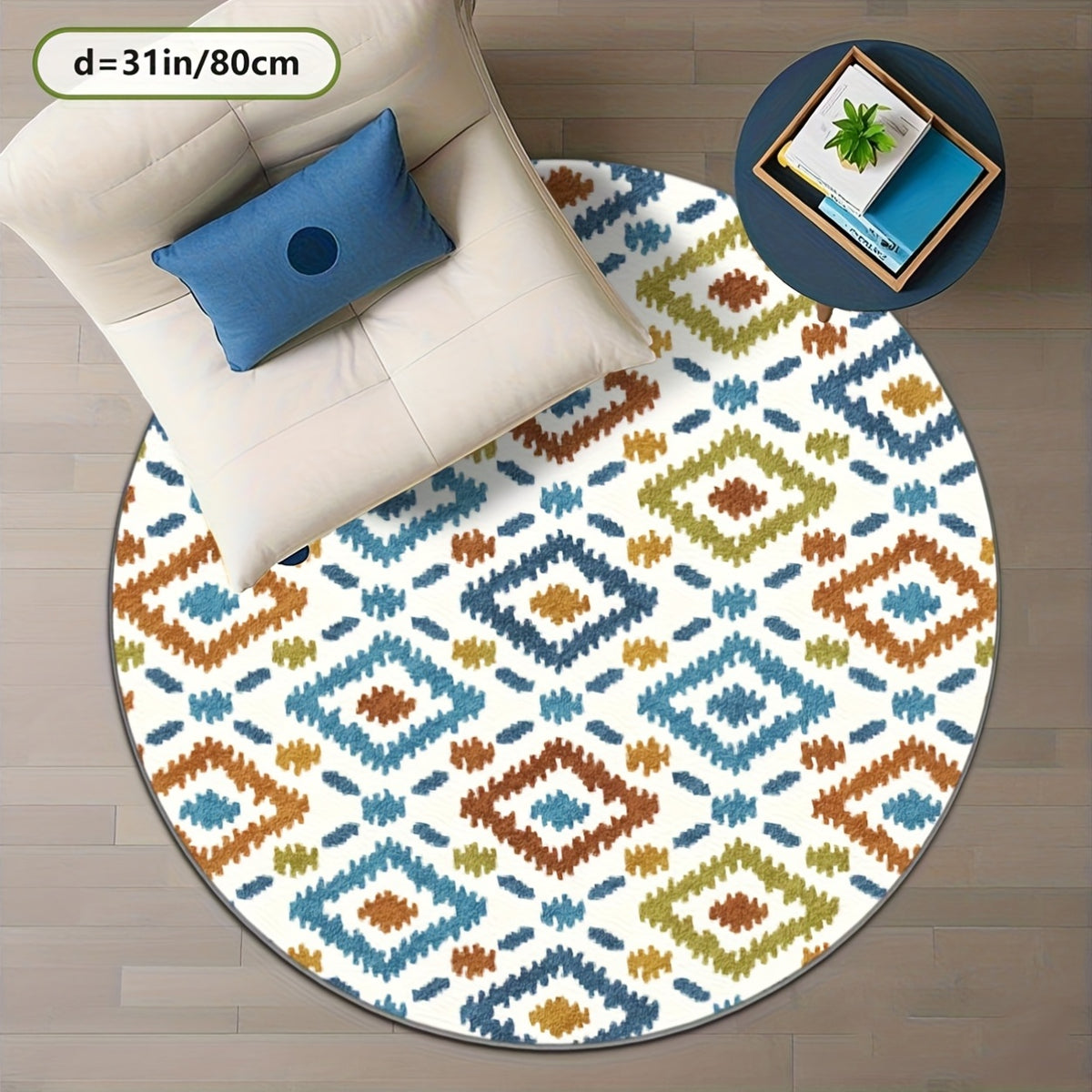 Tapis rond kilim imprimé blanc et bleu canard, Ø 80 à 200 cm