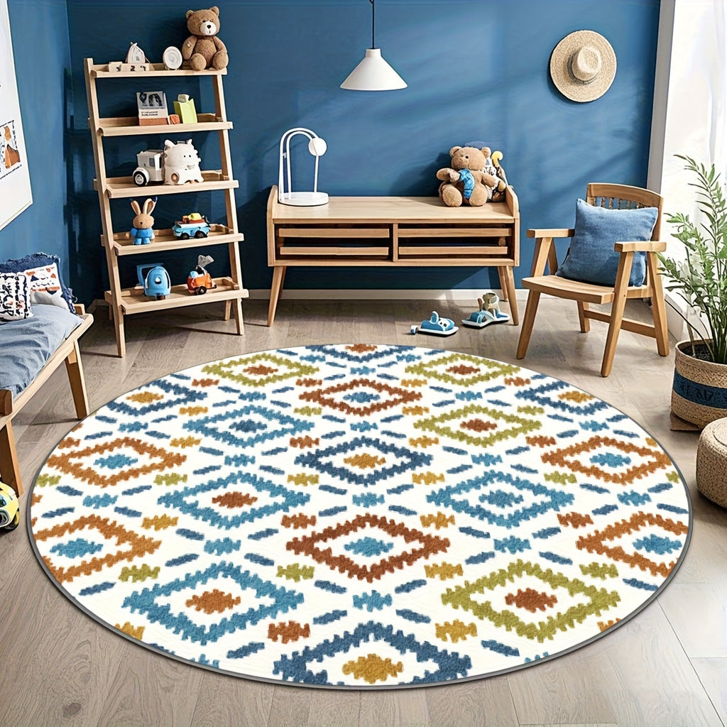 Tapis rond kilim imprimé blanc et bleu canard, Ø 80 à 200 cm