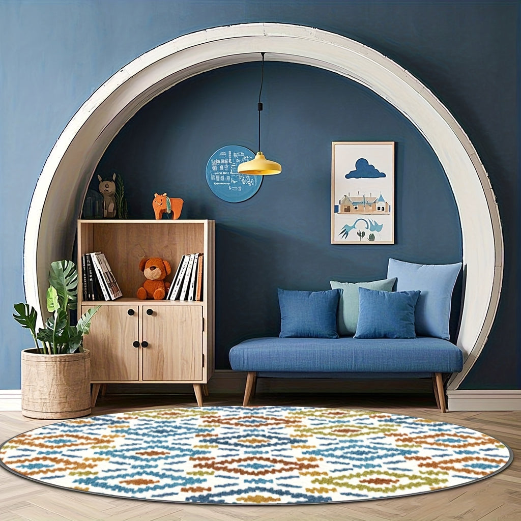 Tapis rond kilim imprimé blanc et bleu canard, Ø 80 à 200 cm