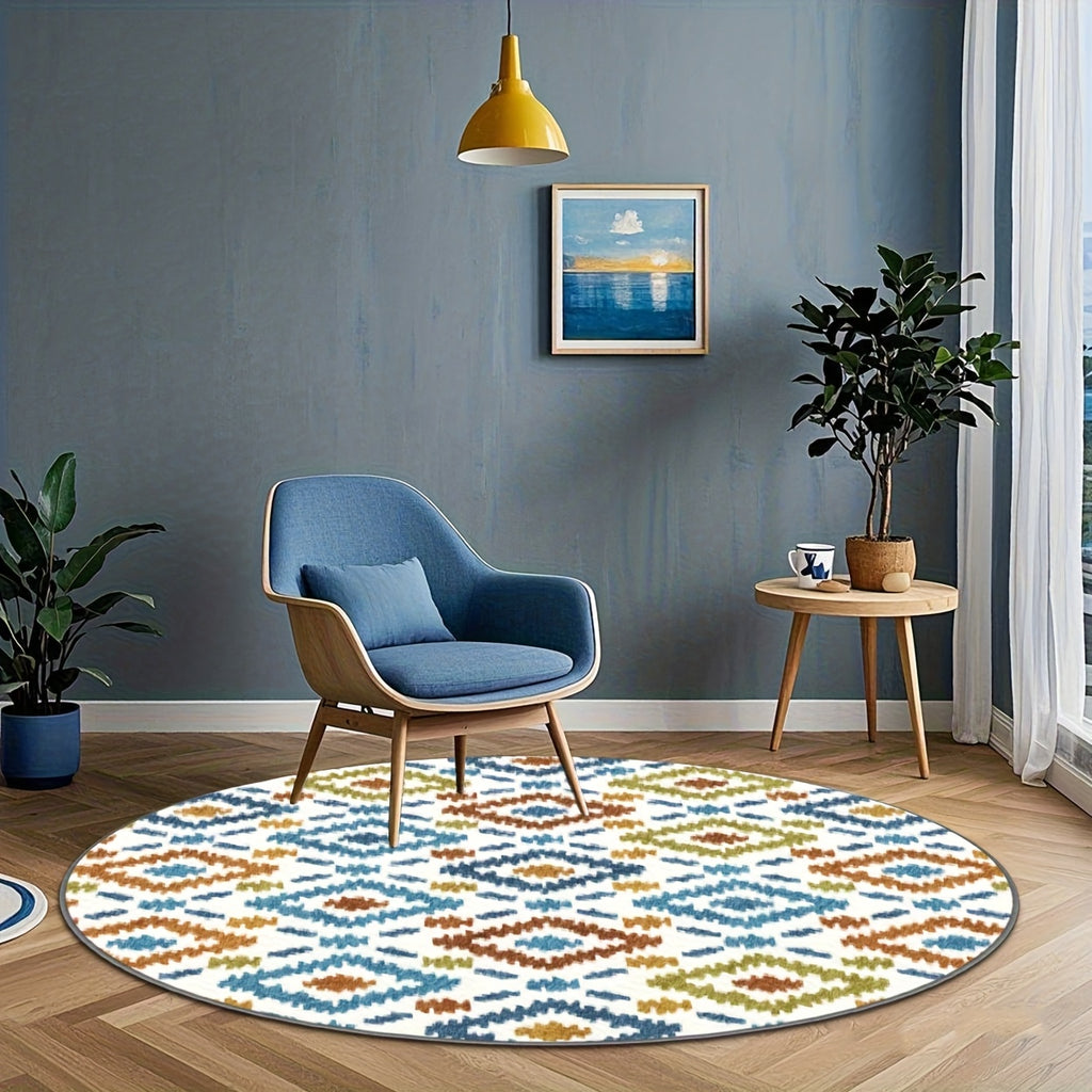 Tapis rond kilim imprimé blanc et bleu canard, Ø 80 à 200 cm