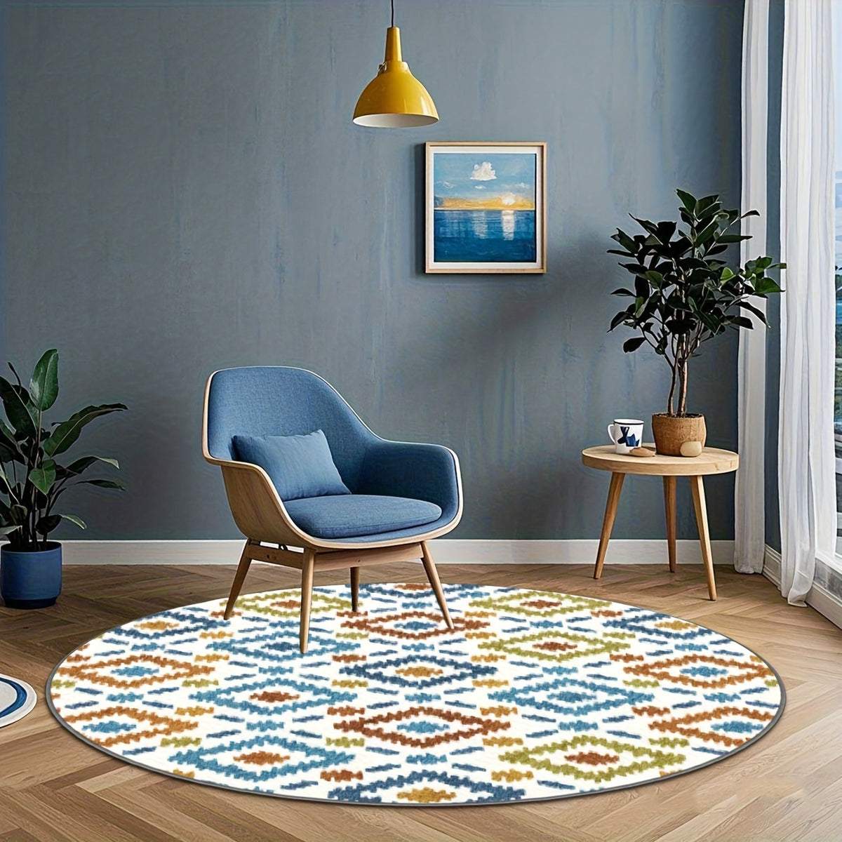 Tapis rond kilim imprimé blanc et bleu canard, Ø 80 à 200 cm