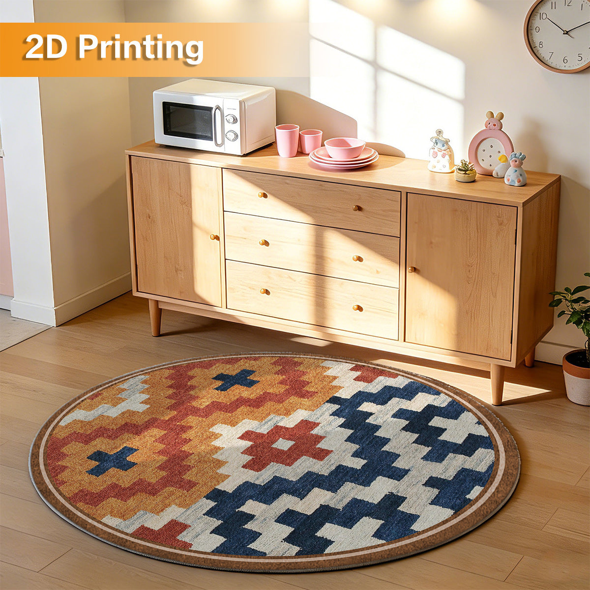 Tapis rond kilim marocain rouille et marine, Ø 80 à 200 cm