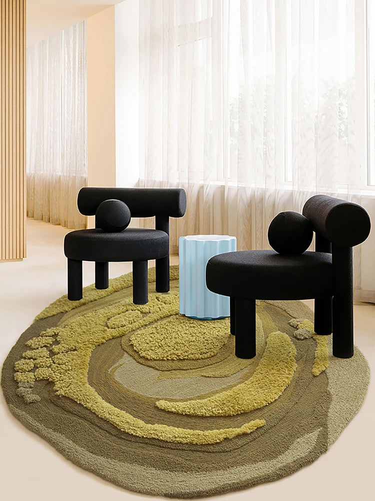 Tapis rond en laine à contour irrégulier, relief moutarde