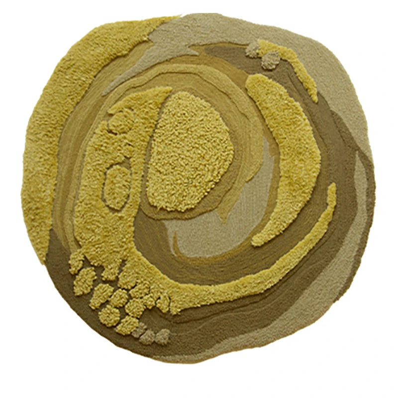 Tapis rond en laine à contour irrégulier, relief moutarde