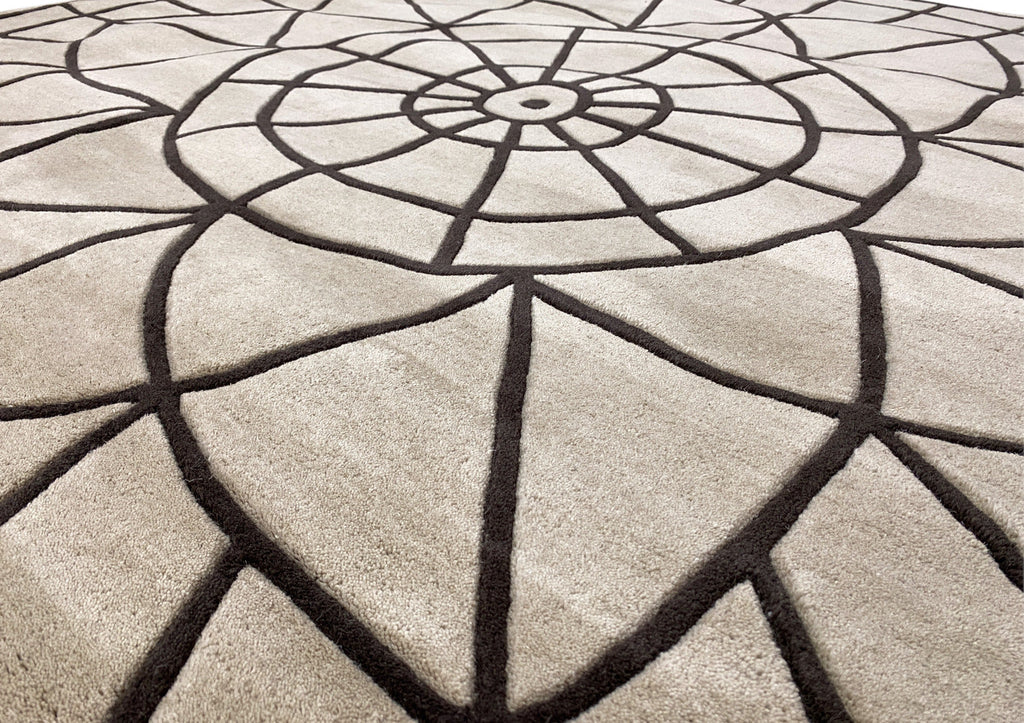 Tapis rond en laine tuftée 200 cm, mandala sculpté beige