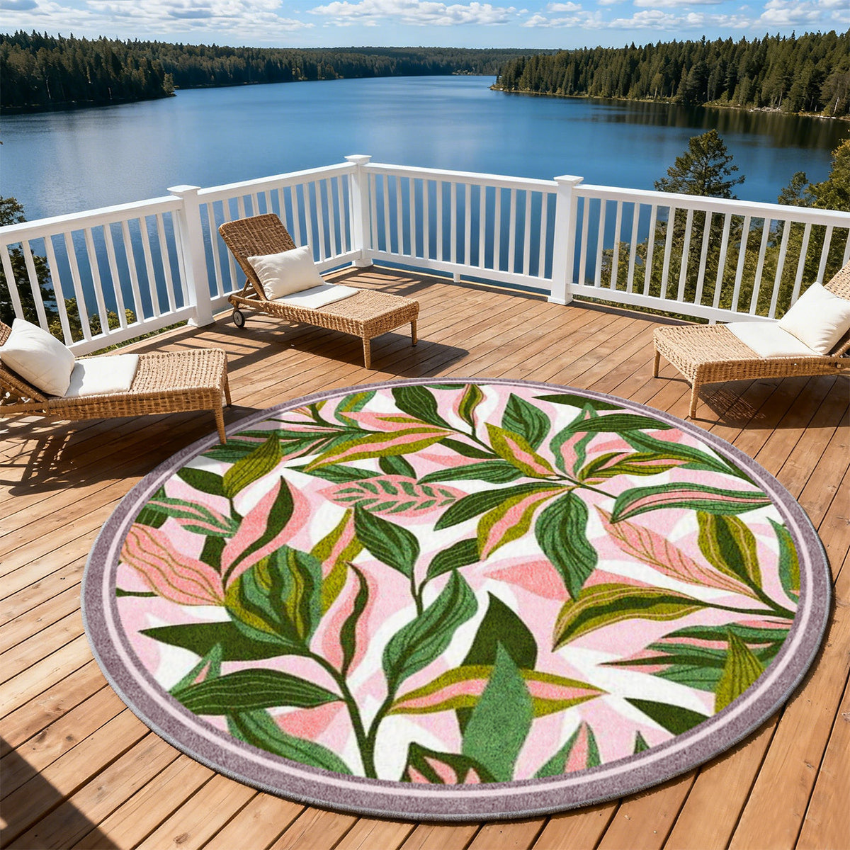 Tapis rond à feuillage vert sur fond rose, bordure mauve