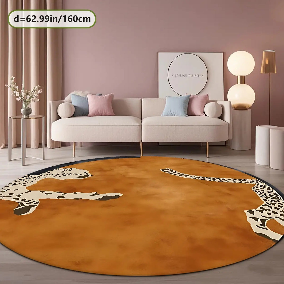 Tapis rond motif léopard ocre, velours à bord bleu nuit