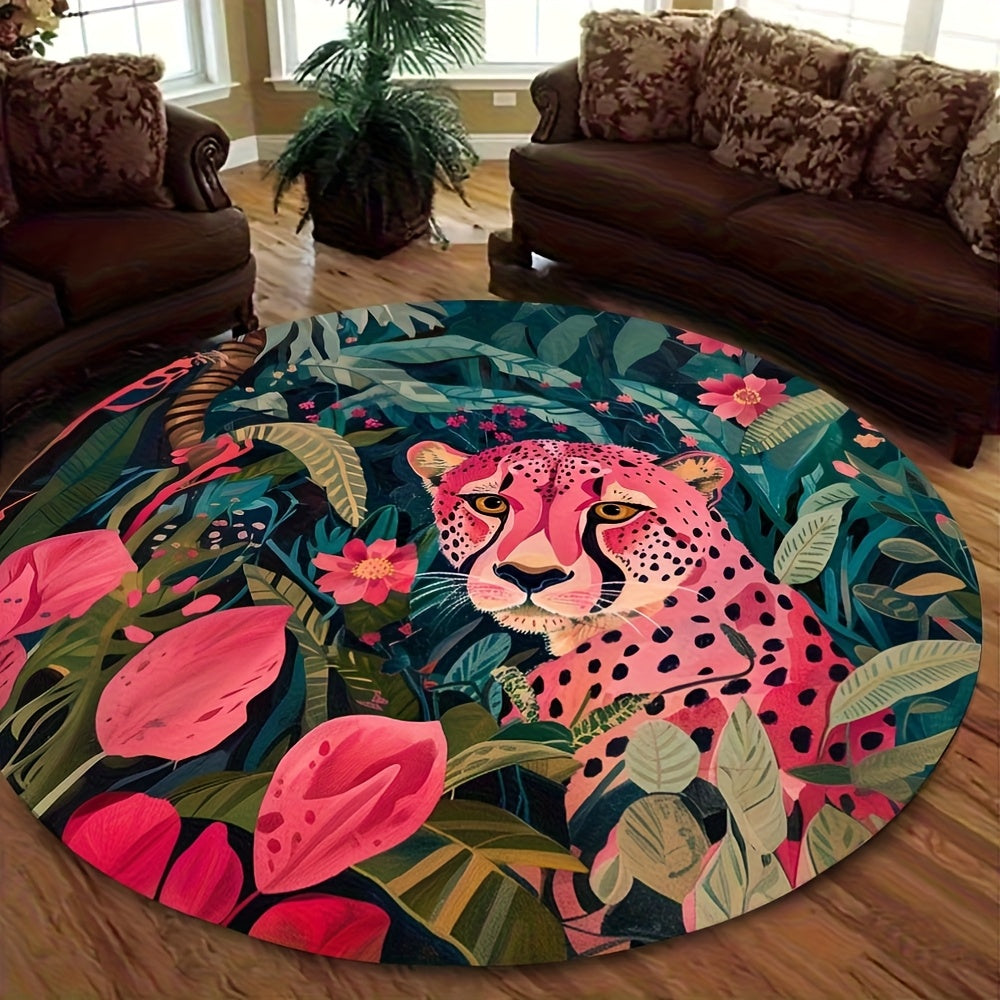 Tapis rond léopard rose et feuillage sombre, Ø 180 et 200 cm