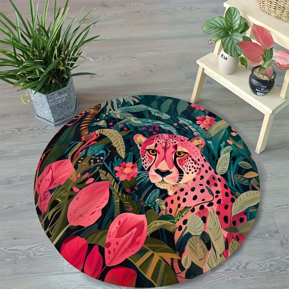 Tapis rond léopard rose et feuillage sombre, Ø 180 et 200 cm