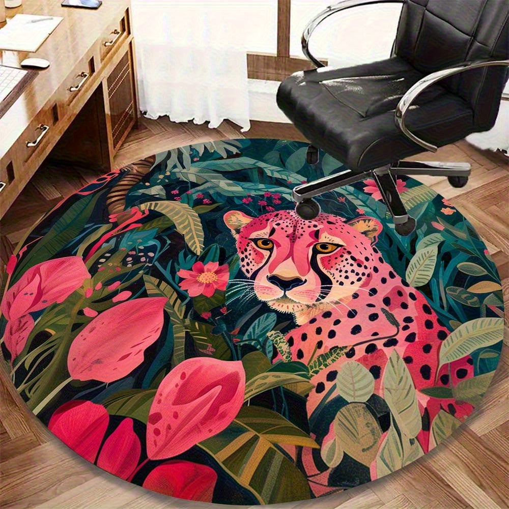 Tapis rond léopard rose et feuillage sombre, Ø 180 et 200 cm