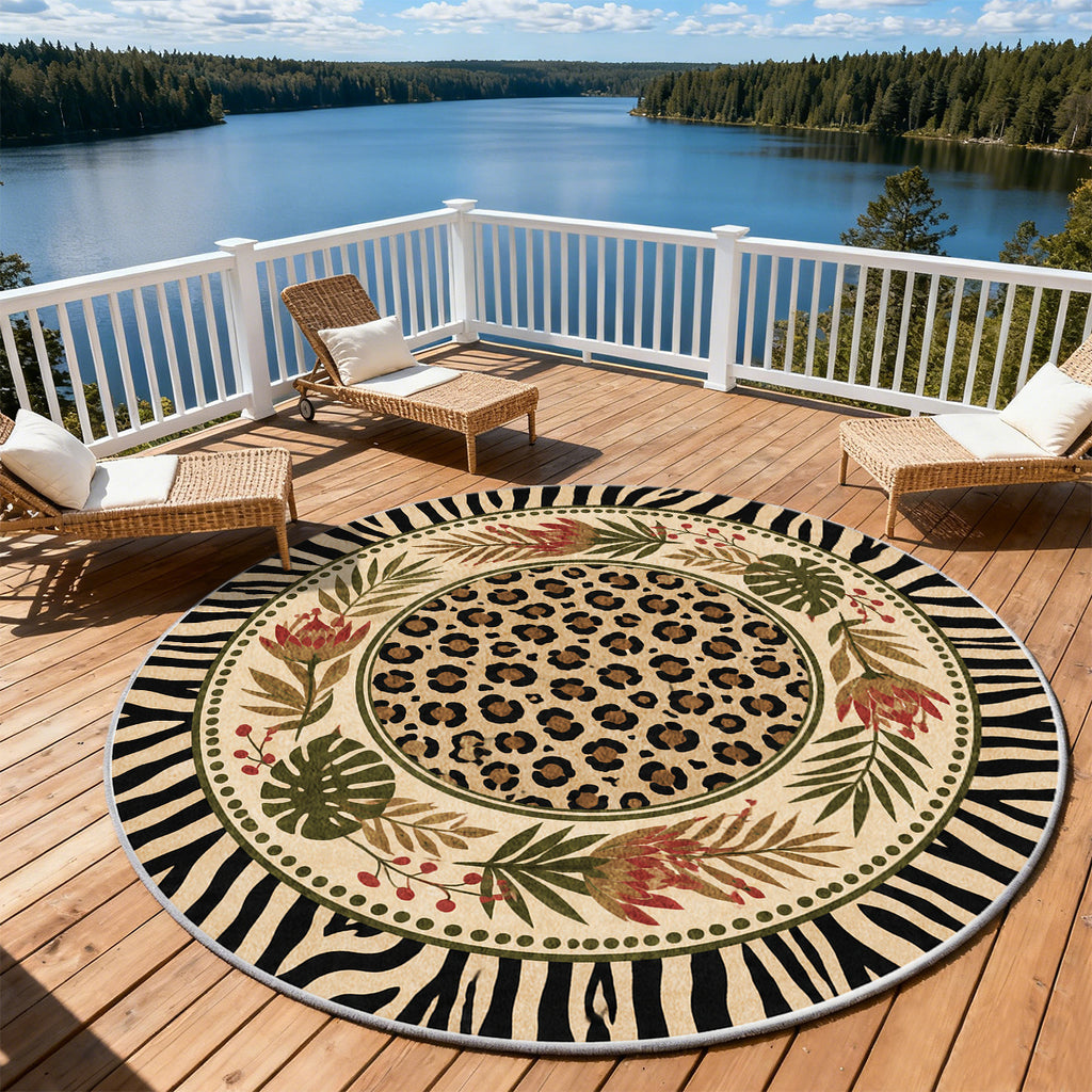 Tapis rond léopard et zèbre beige, bordure noire, 4 formats
