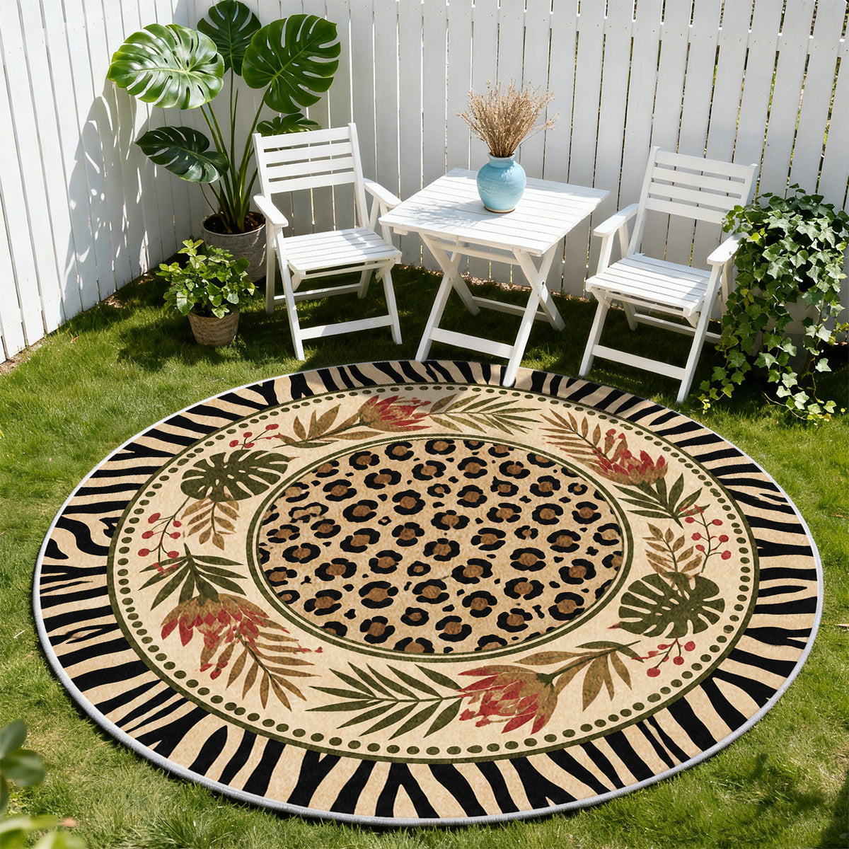 Tapis rond léopard et zèbre beige, bordure noire, 4 formats