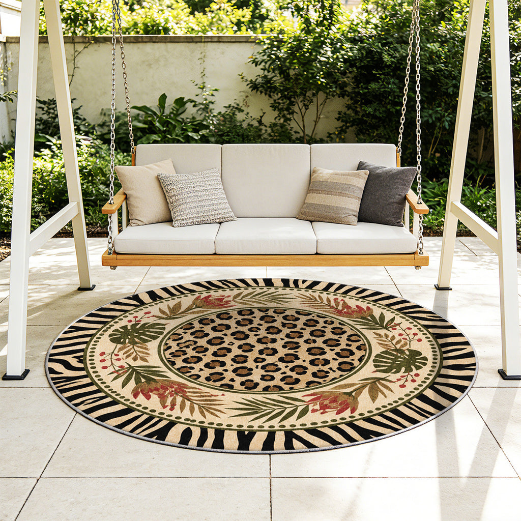 Tapis rond léopard et zèbre beige, bordure noire, 4 formats