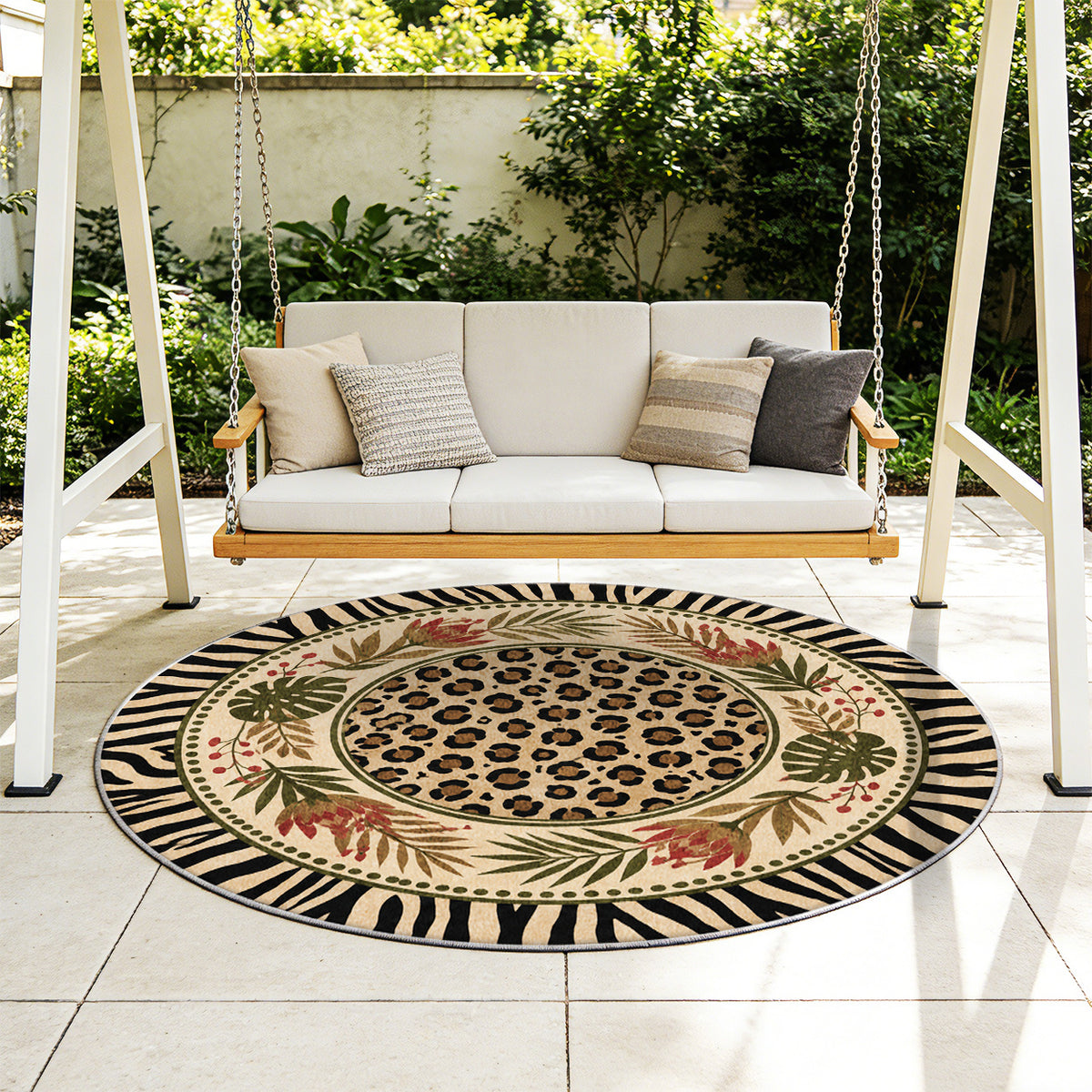 Tapis rond léopard et zèbre beige, bordure noire, 4 formats