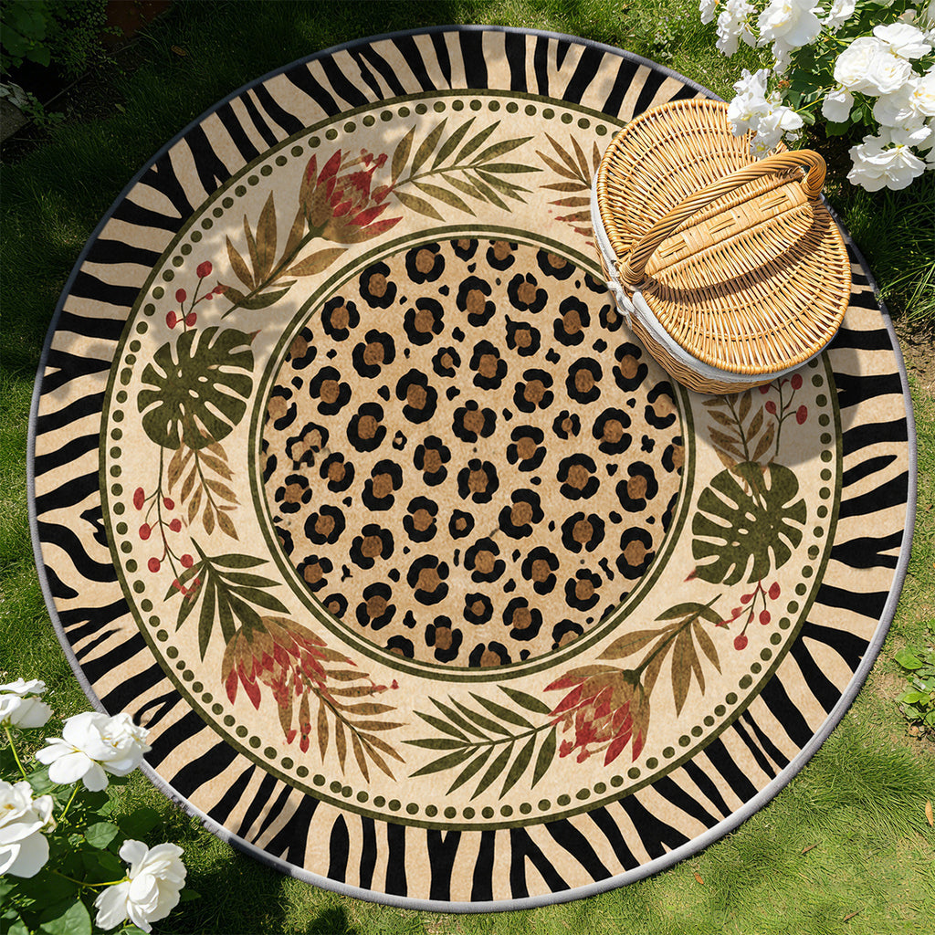 Tapis rond léopard et zèbre beige, bordure noire, 4 formats