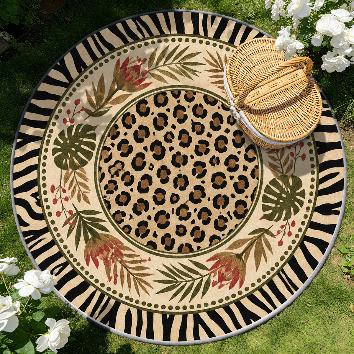 Tapis rond léopard et zèbre beige, bordure noire, 4 formats