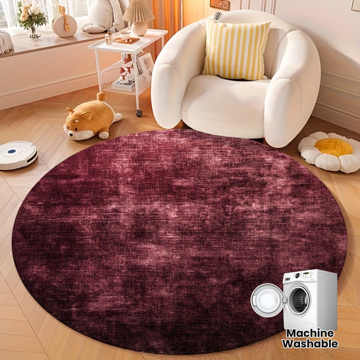 Tapis rond bordeaux chiné en velours dense, deux diamètres