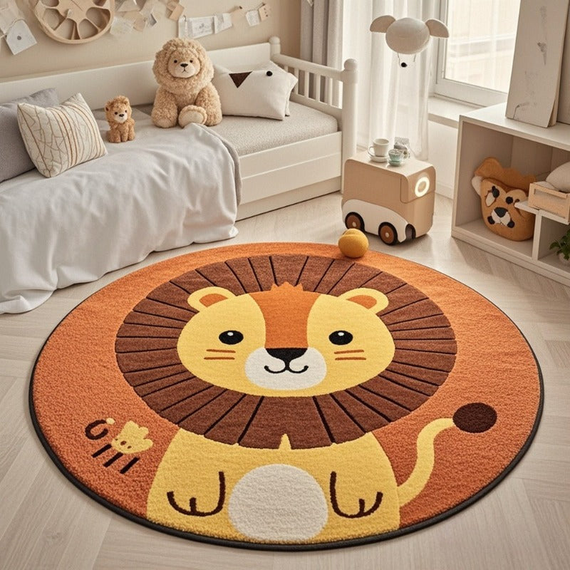 Tapis rond lion assis, fond terracotta ou fond écru au choix