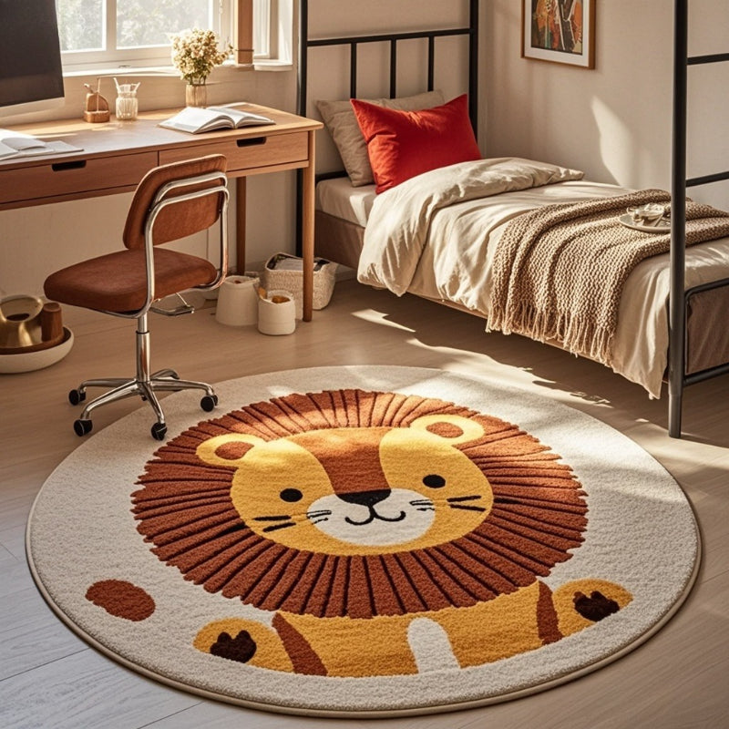 Tapis rond lion assis, fond terracotta ou fond écru au choix