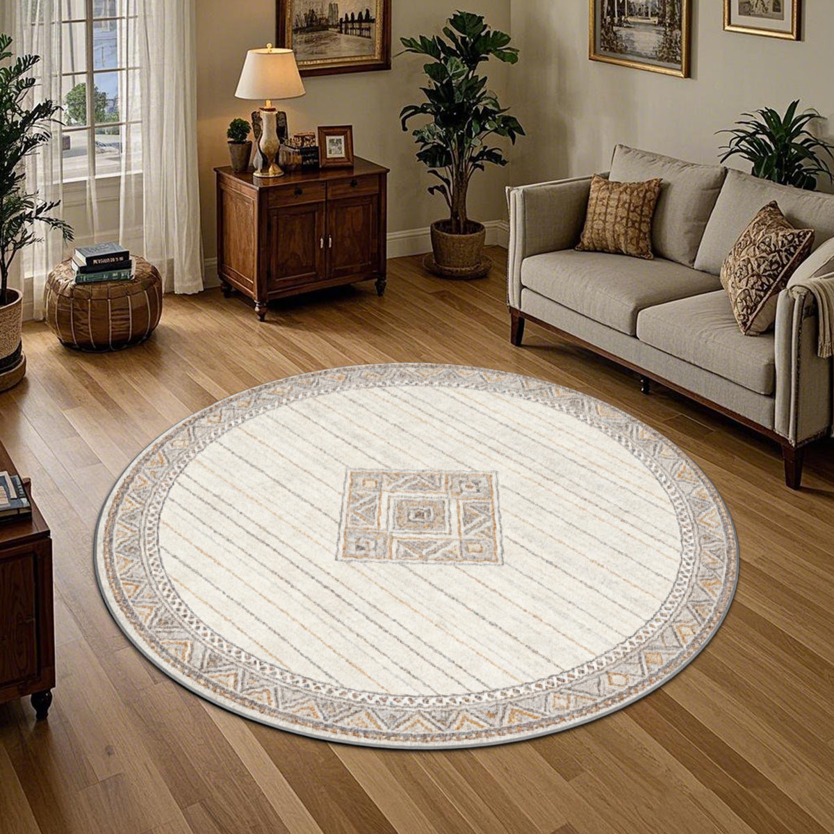 Tapis rond berbère crème à losange central, quatre tailles